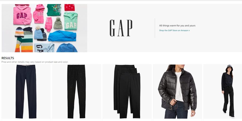 A selection of items for sale in Amazon's GAP store - sweatshirts, hats, gloves, sweathers, pants and coats - in a range of colors