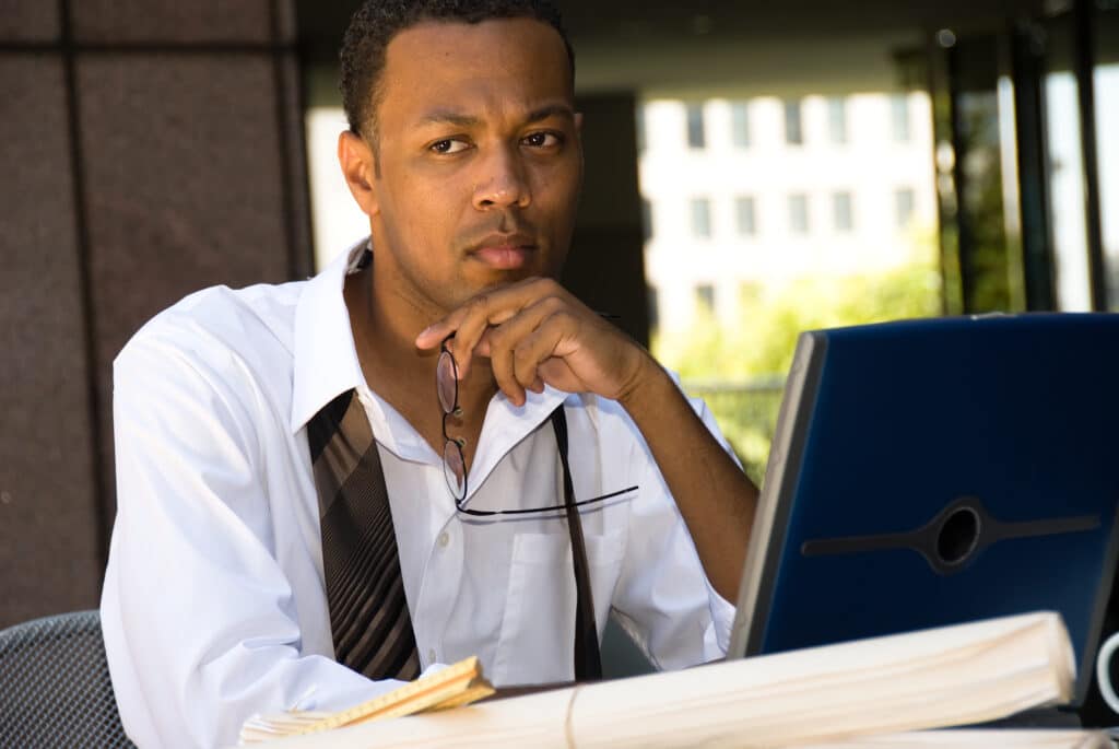 An executive engineer conducting work during his lunch hour.