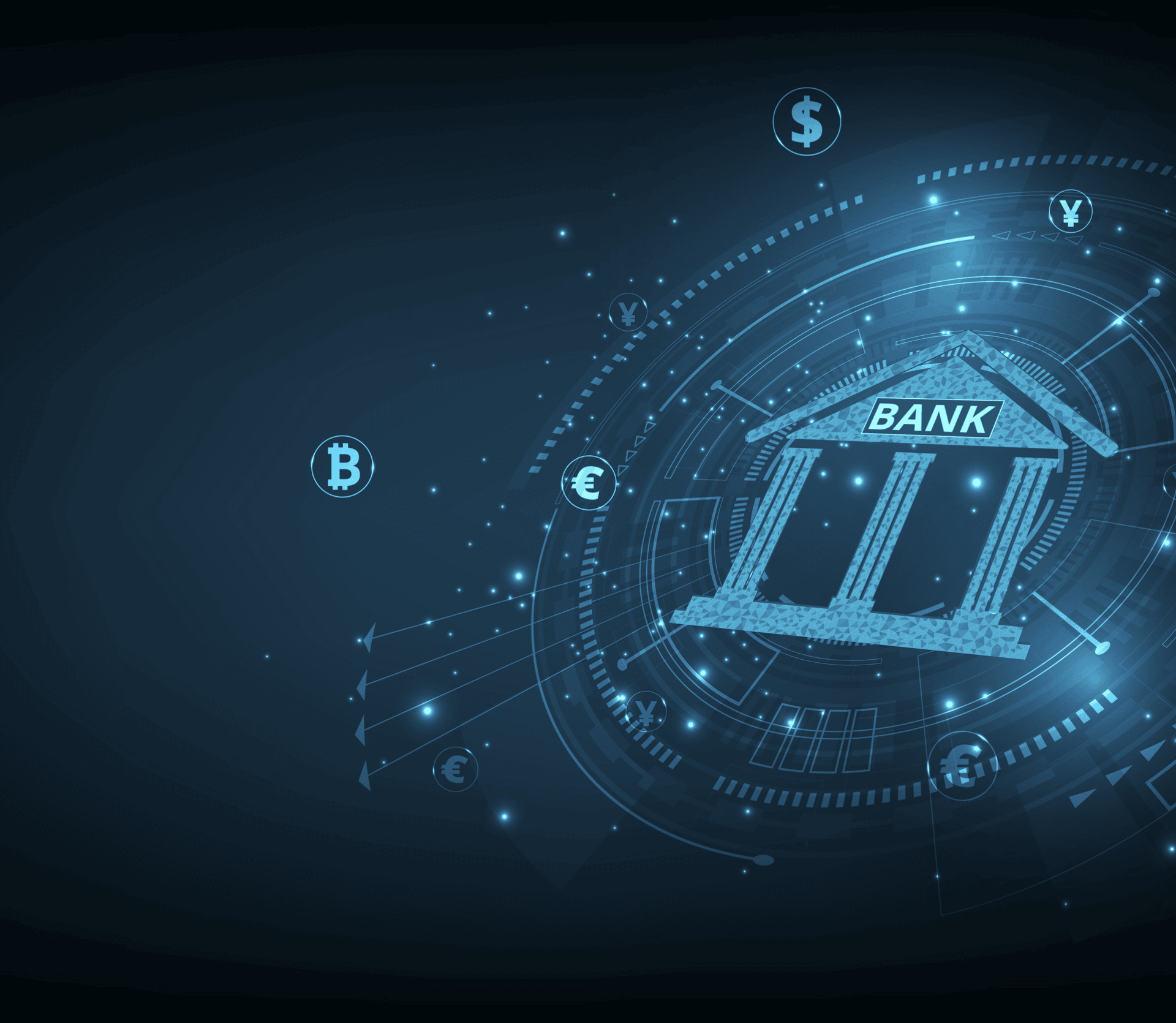 Save Download Preview Concept of Banking and Finance.Banking Technology concept.Isometric illustration of bank on dark blue technology background. Digital connect system.Financial and Banking technology concept.