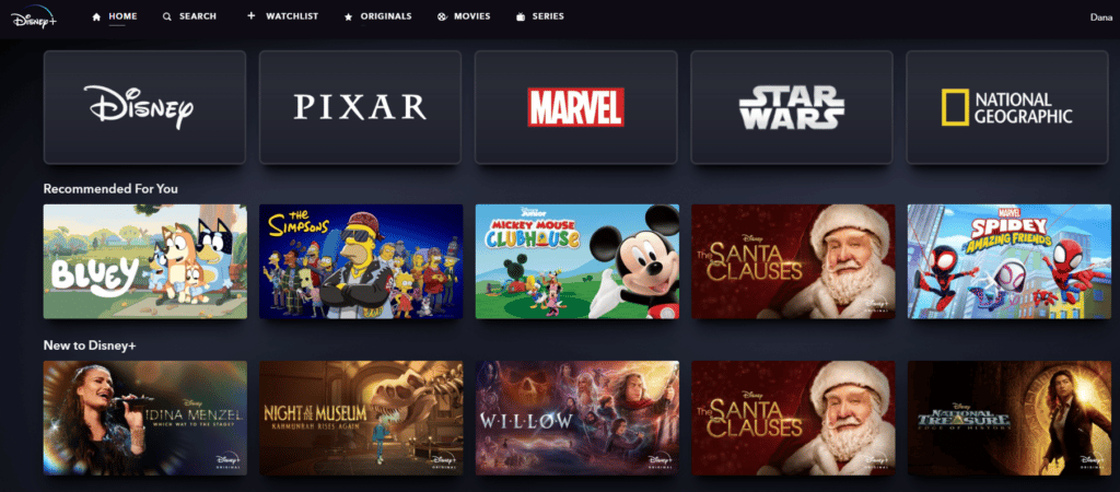 Home page screenshot of Disney+ on 12/14/22 featuring Disney, Pixar, Marvel, Star Wars and National Geographic logos and show images.