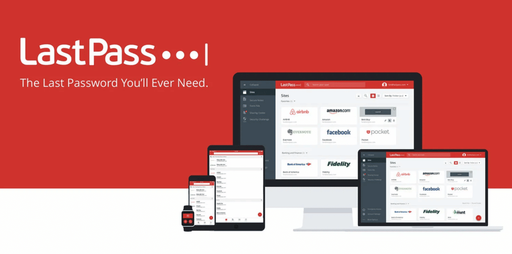 LastPass hero depicting their LastPass dashboard on a smartphone, tablet, laptop and desktop computer on red background.