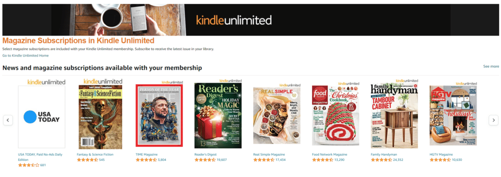 Screenshot of Magazine Subscriptions in Kindle Unlimited as of 12-26-22