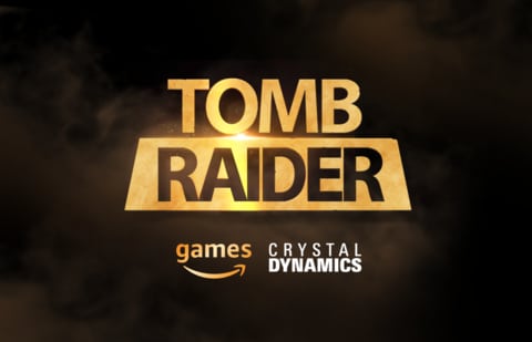 Tomb Raider logo on black background with Amazon Games and Crystal Dynamics featured below it.