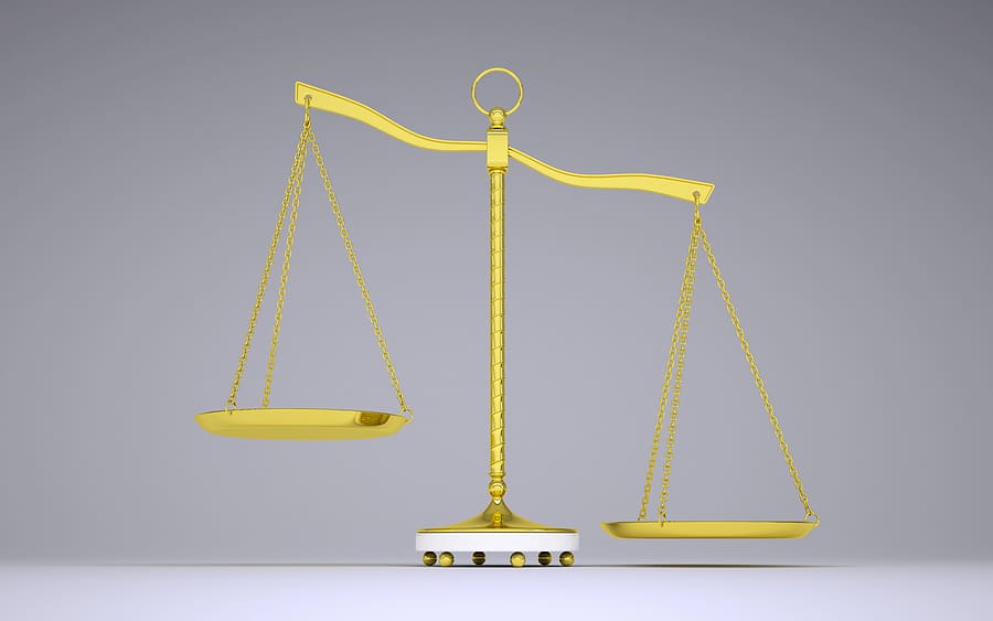 Gold beam balance with shadow, representing value levers. Right bowl below. Front view. Gray background