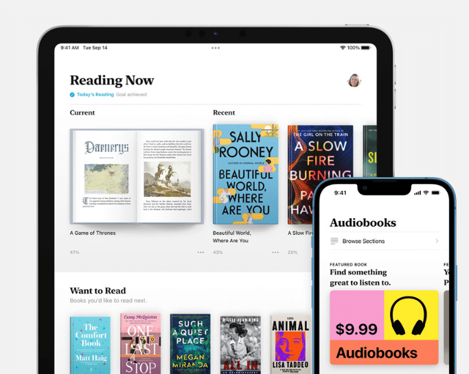 Apple Books app on a tablet and smartphone, displaying books on the tablet and audiobooks on the smartphone