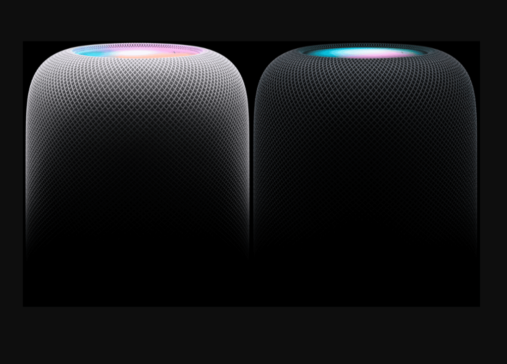 Apple HomePod, second generation, gray on the left and black on the right