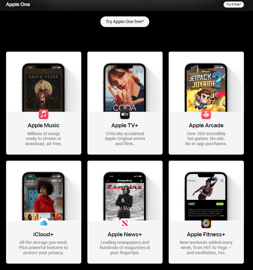 A screenshot of the Apple subscription services available in the Apple One subscription bundle - Apple Music, Apple TV+, Apple Arcade, iCloud+, Apple News+ and Apple Fitess+