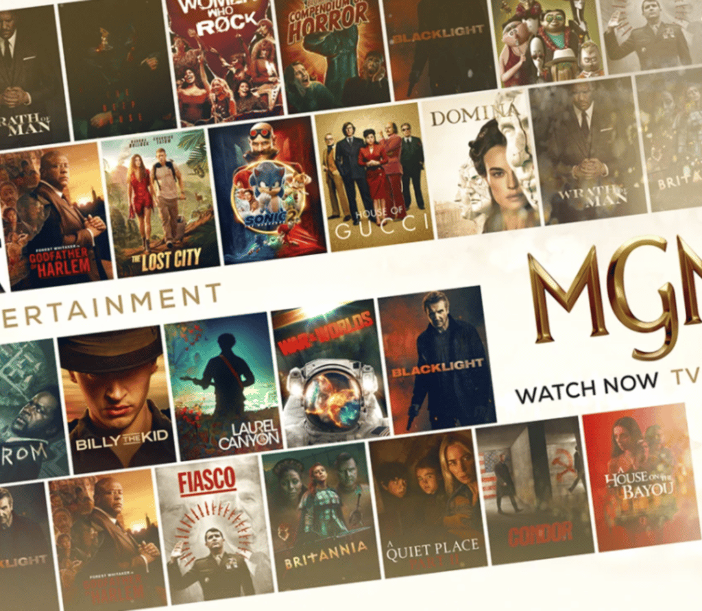 MGM+ Hero featuring movie posters and logos of popular films and TV shows available on the premium streaming subscription service