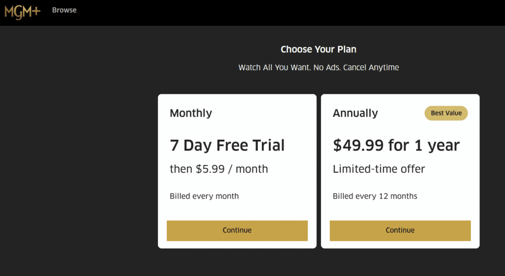 MGM Plus Subscribe Page shows two pricing plans: $5.99 a month after a 7-day free trial or $49.99 for 1 year (limited-time offer).