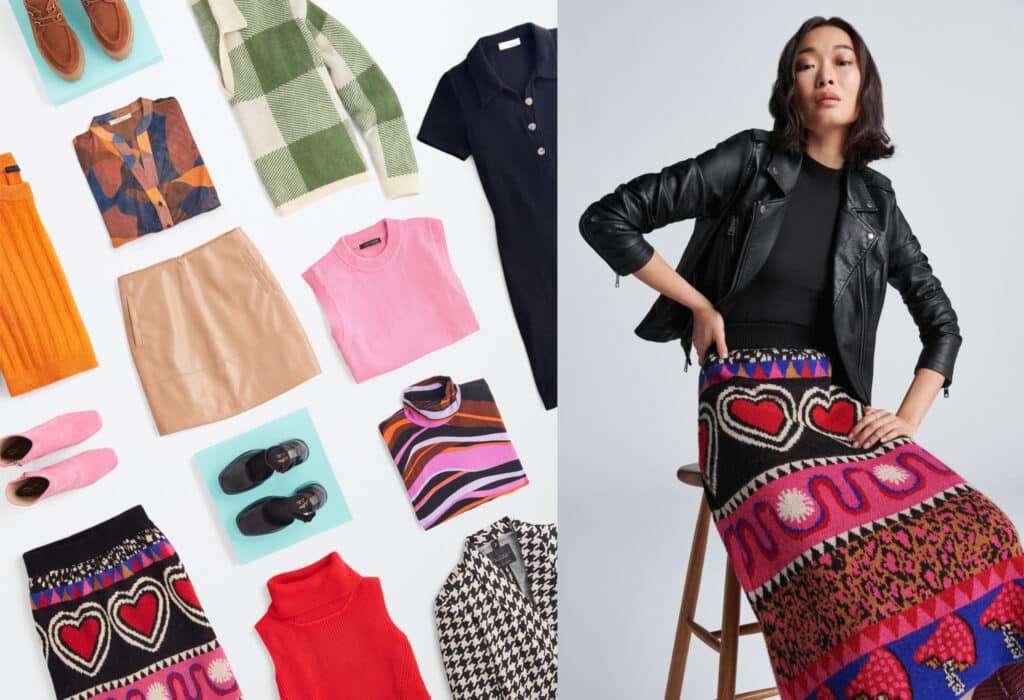 Samples of curated Stitch Fix fashions and an Asian model wearing several of the Stitch Fix pieces (black leather jacket, black top and knit, patterned skirt)