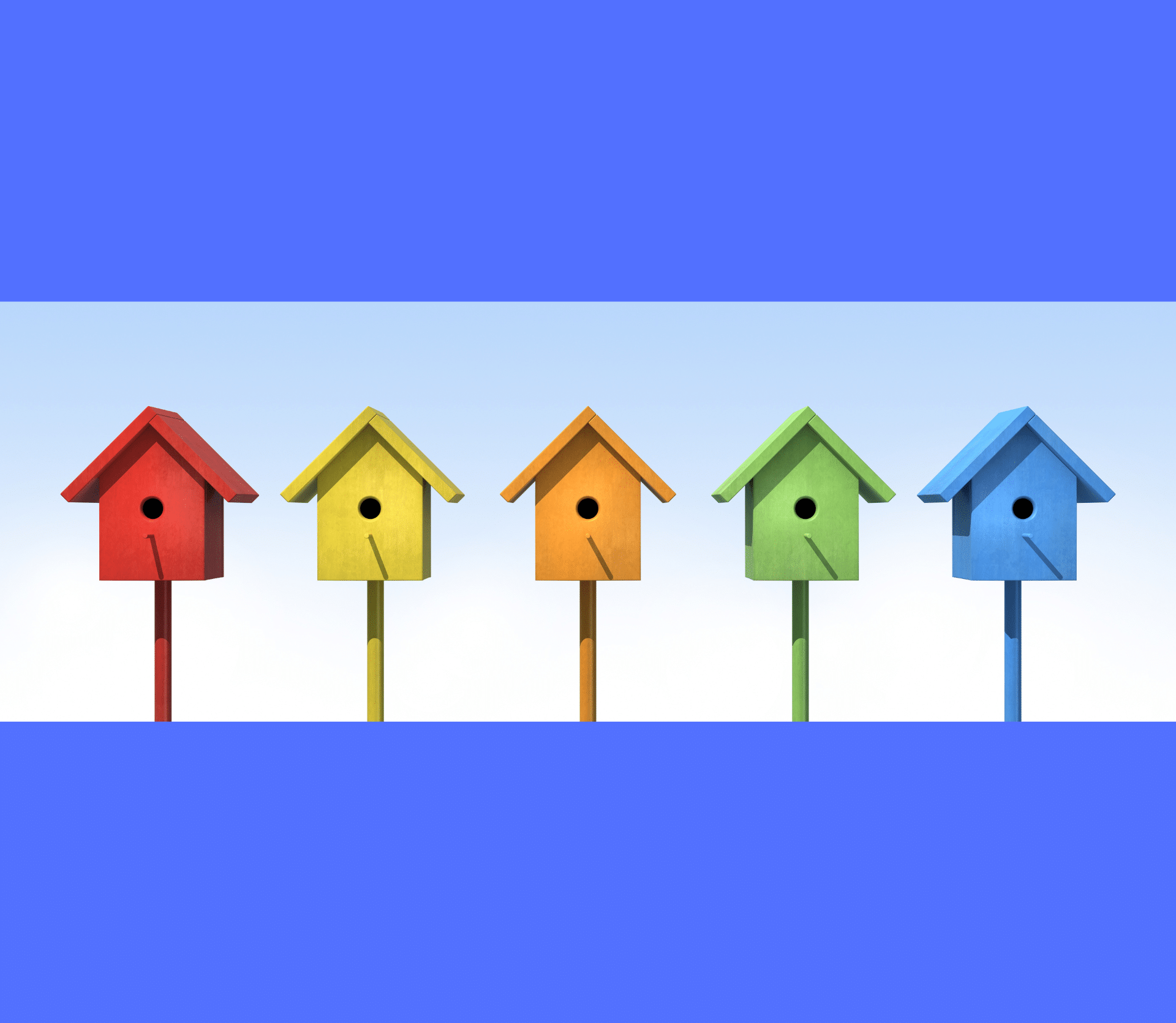 Five birdhouses (red, yellow, orange, green, blue) with the sky as the background.