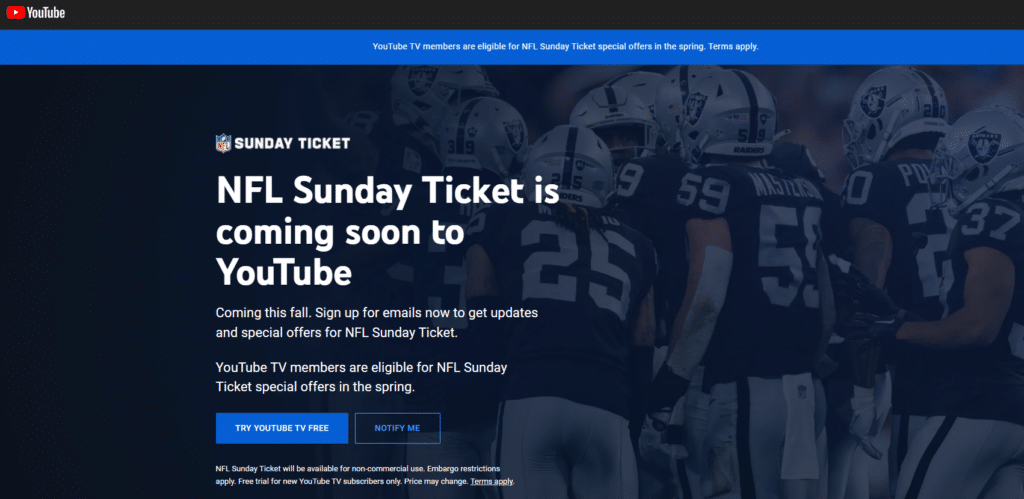 YouTube NFL Sunday Ticket Landing Page. Las Vegas Raiders are in the background.