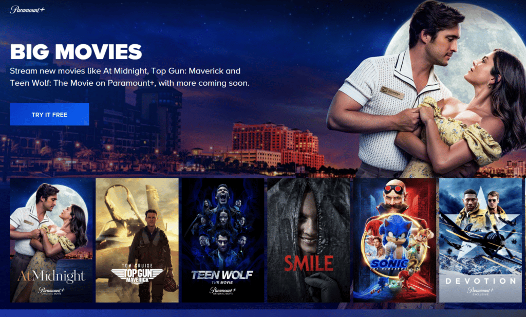 Screenshot of Paramount+ featuring At Midnight, Top Gun: Maverick, Teen Wolf, Smile, Sonic 2 and Devotion