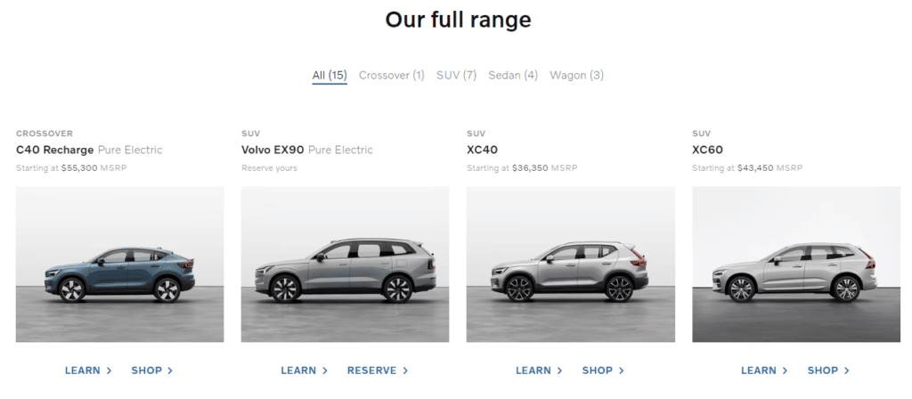 Screenshot of four Volvos from the company's "full range" catalog of vehicles.