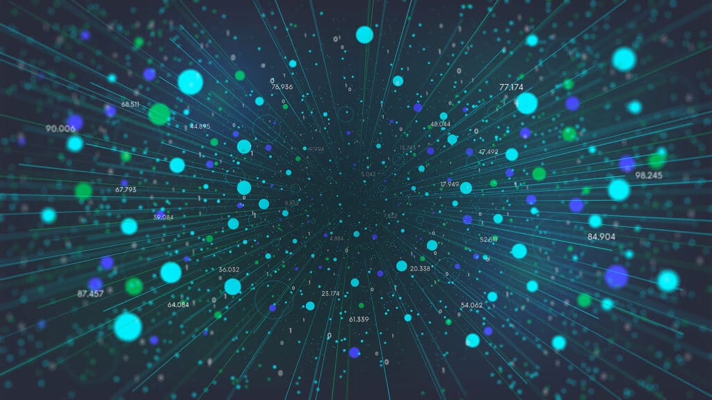 Futuristic method of analyzing and sorting large databases, visualization of digital information flow, technological analytics of world streaming networks, big data monitor screen in perspective