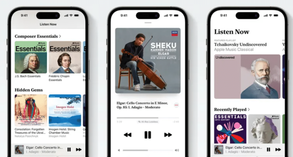 Apple image feature Apple Music Classical screenshots on three iPhones.