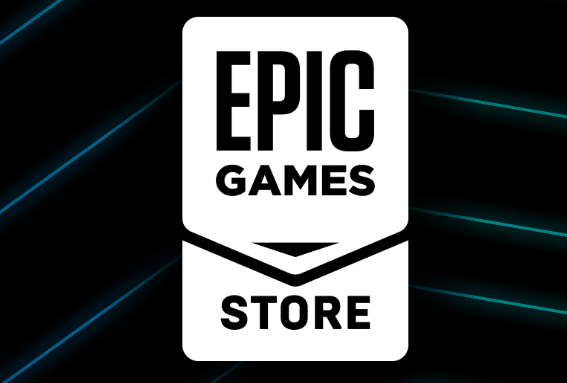 Epic Games Store sign on black background with blue and green lines.