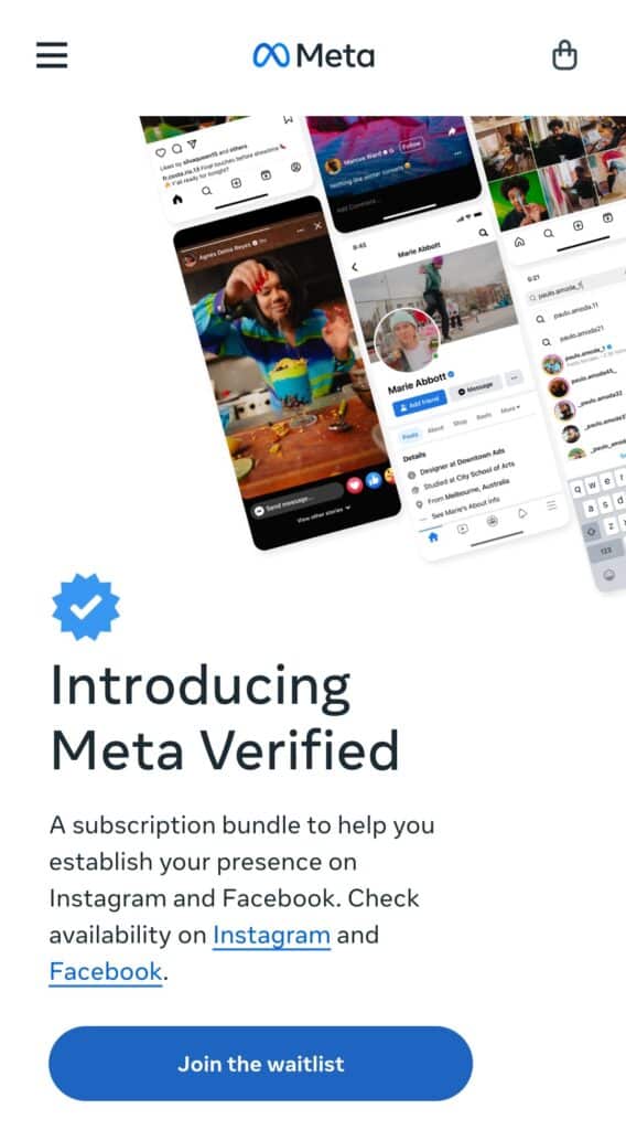 Android Screenshot of Meta's introduction to Meta Verified. Interested Facebook and Instagram users can join the waitlist here.