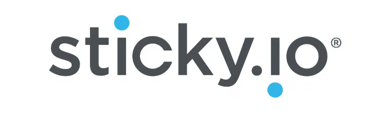 Sticky.io logo. Black text, with blue dots above the Is, white background.