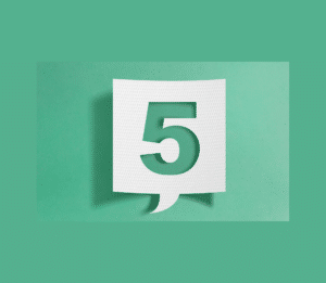 Number five on a white, mesh word bubble on a green background