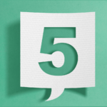 Number five on a white, mesh word bubble on a green background