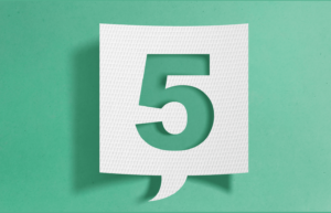 Number five on a white, mesh word bubble on a green background