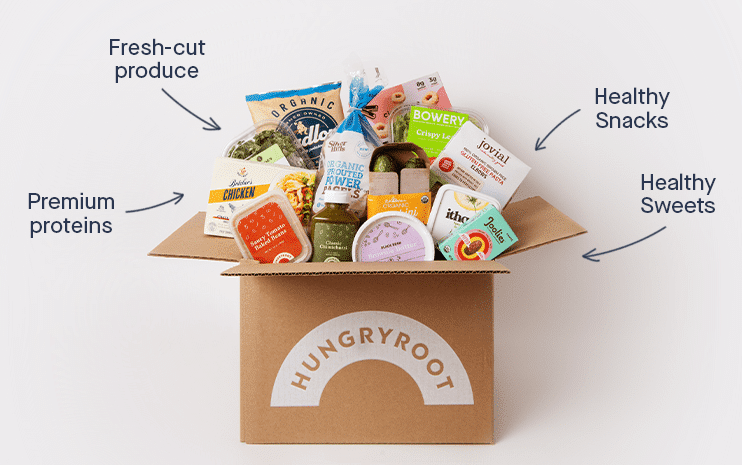 Hungryroot box with premium proteins, fresh cut produce, healthy snacks and healthy sweets