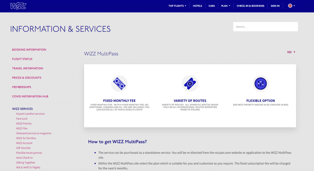 Screenshot of Wizz Air MultiPass home page on April 26, 2023