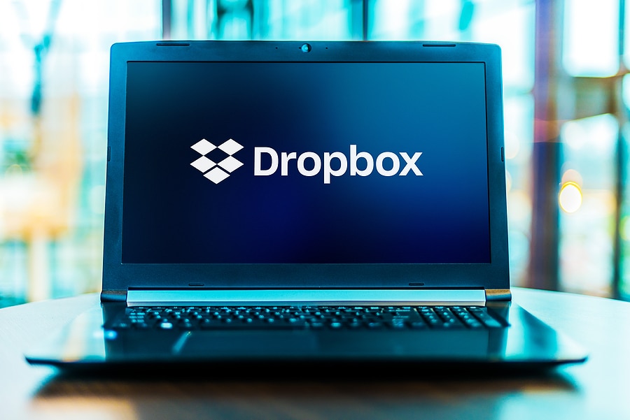 Laptop computer displaying logo of Dropbox, a file hosting service operated by Dropbox, Inc., headquartered in San Francisco, California