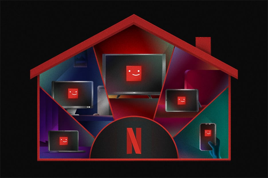 Illustration of a home with Netflix being viewed on multiple devices. Password sharing is allowed within a household.