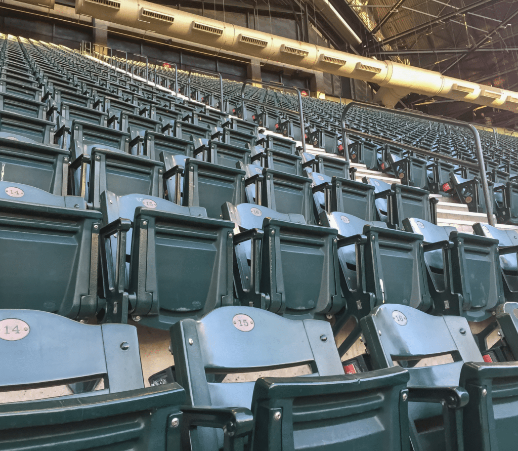 Folded seats at a sports stadium