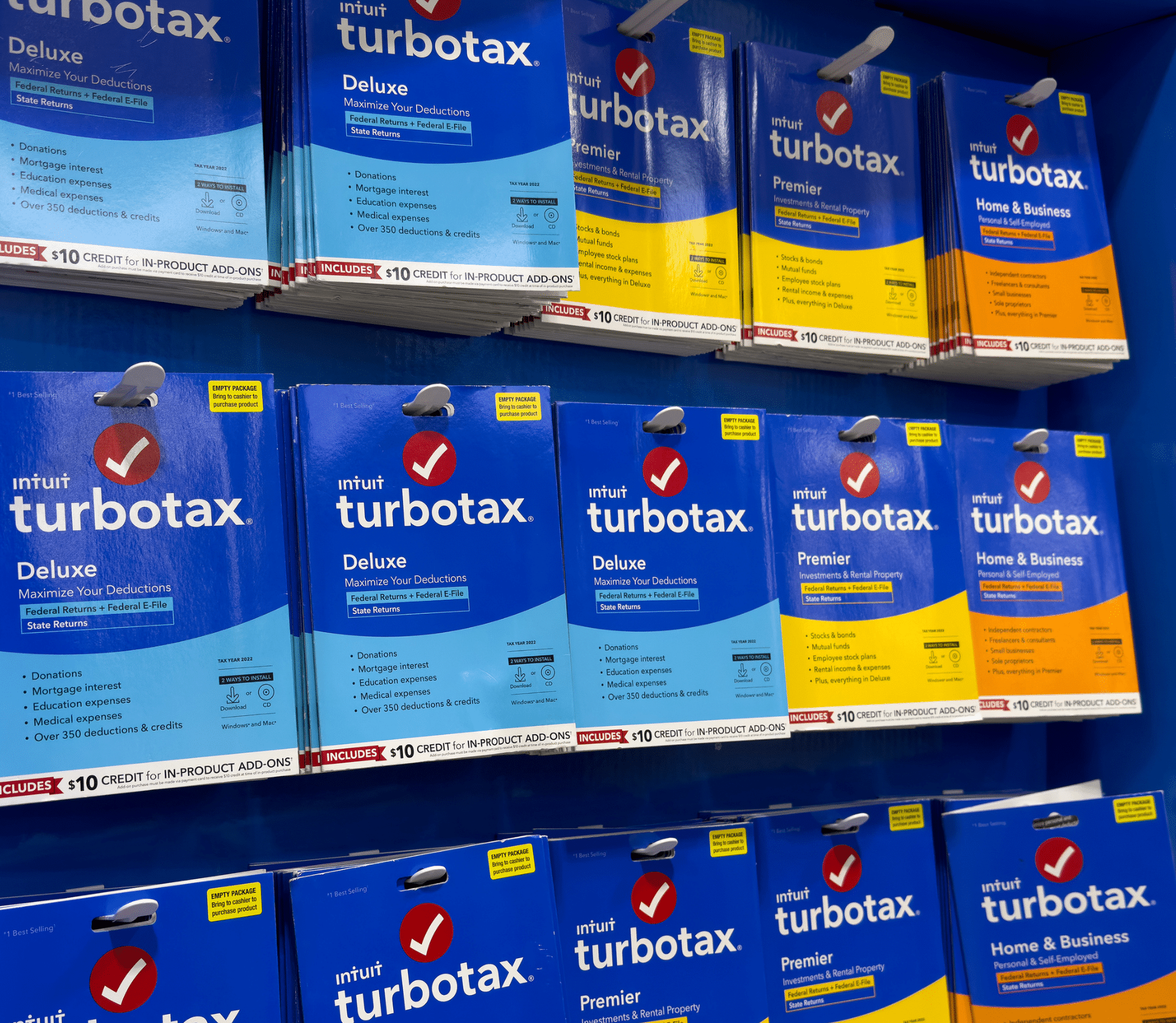 A shelf in a Costco store with Turbo Tax packages. TurboTax is an American tax preparation software.