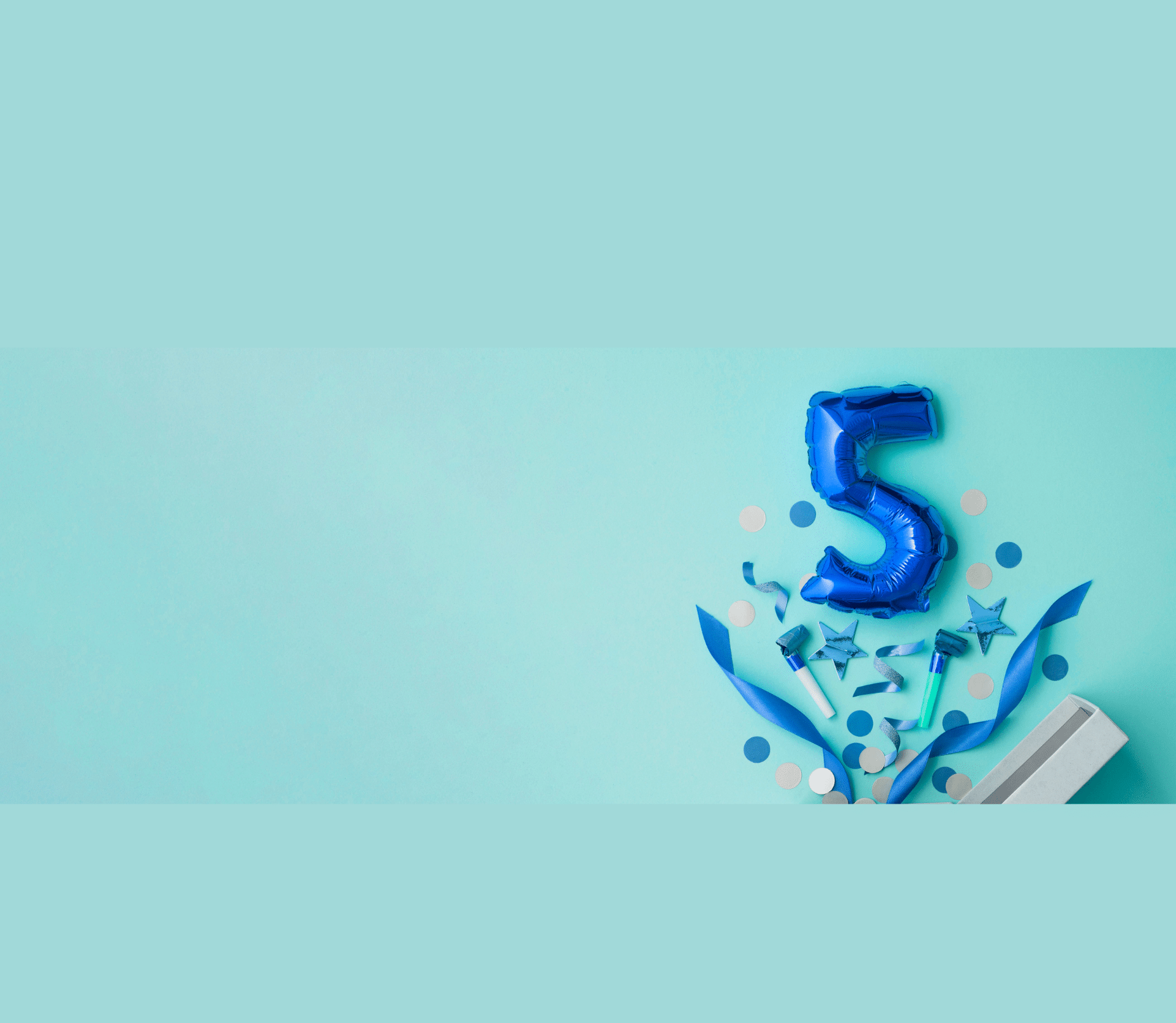 Blue number five popping out of a box on a light turquoise background