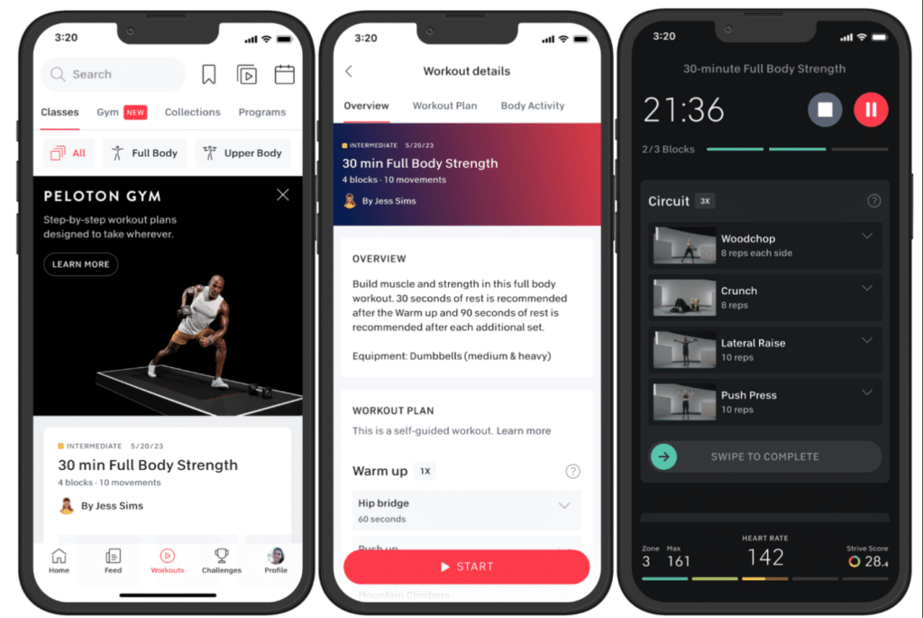 Three screenshots of the Peloton app on a smartphone.