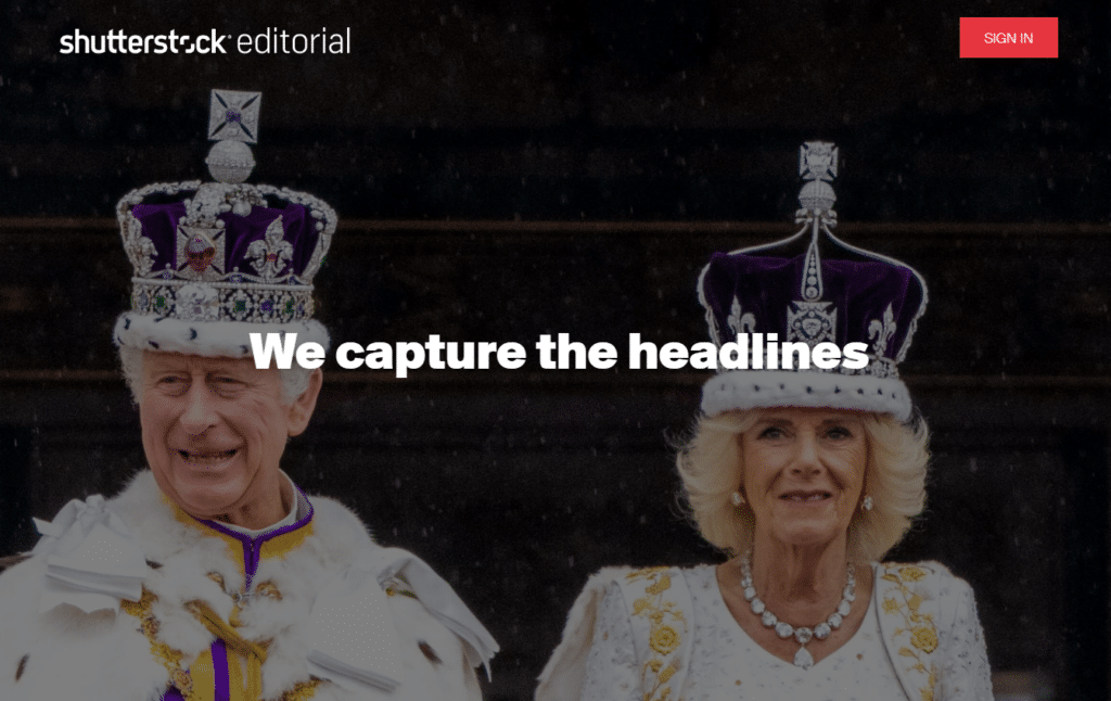The home page of Shutterstock Editorial features a slide show of iconic images including one of King Charles.