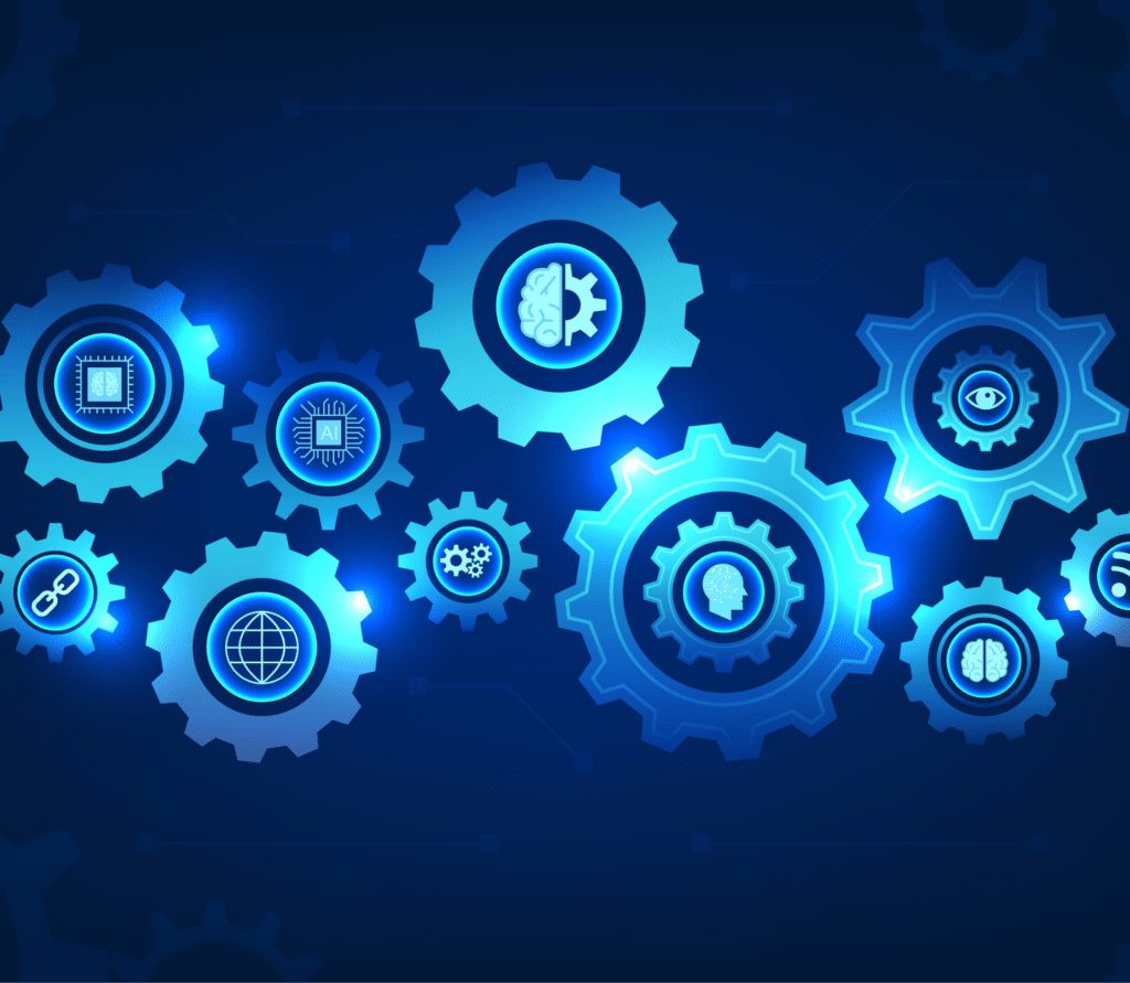 Gear technology background with smart technology Represents the drive of modern technology. gear digital hi-tech is a work of engineering that works with smart artificial intelligence technology