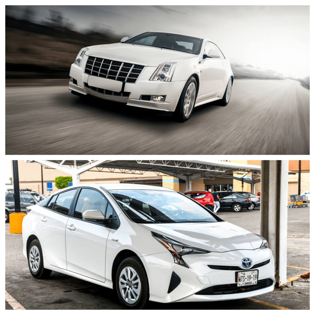 Photo collage with a white Cadillac on the top and a white Prius on the bottom. A subscription business shouldn't buy a Cadillac when it only needs a Prius.