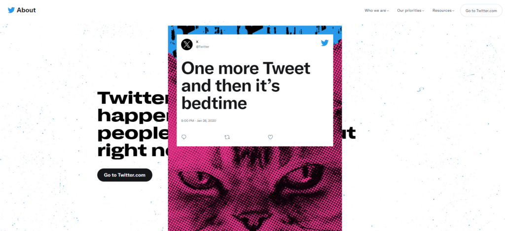 Twitter About Us page, shows a a tweet with cat eyes that raeds, "one more tweet and then it's bedtime."
