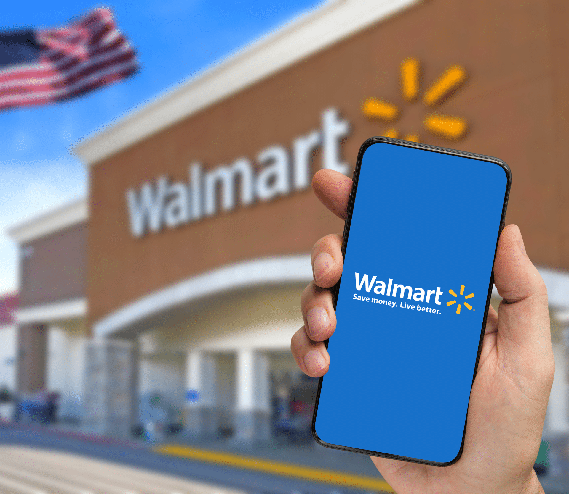 Walmart retailer delivery application on smartphone holding by hand with blurry background.