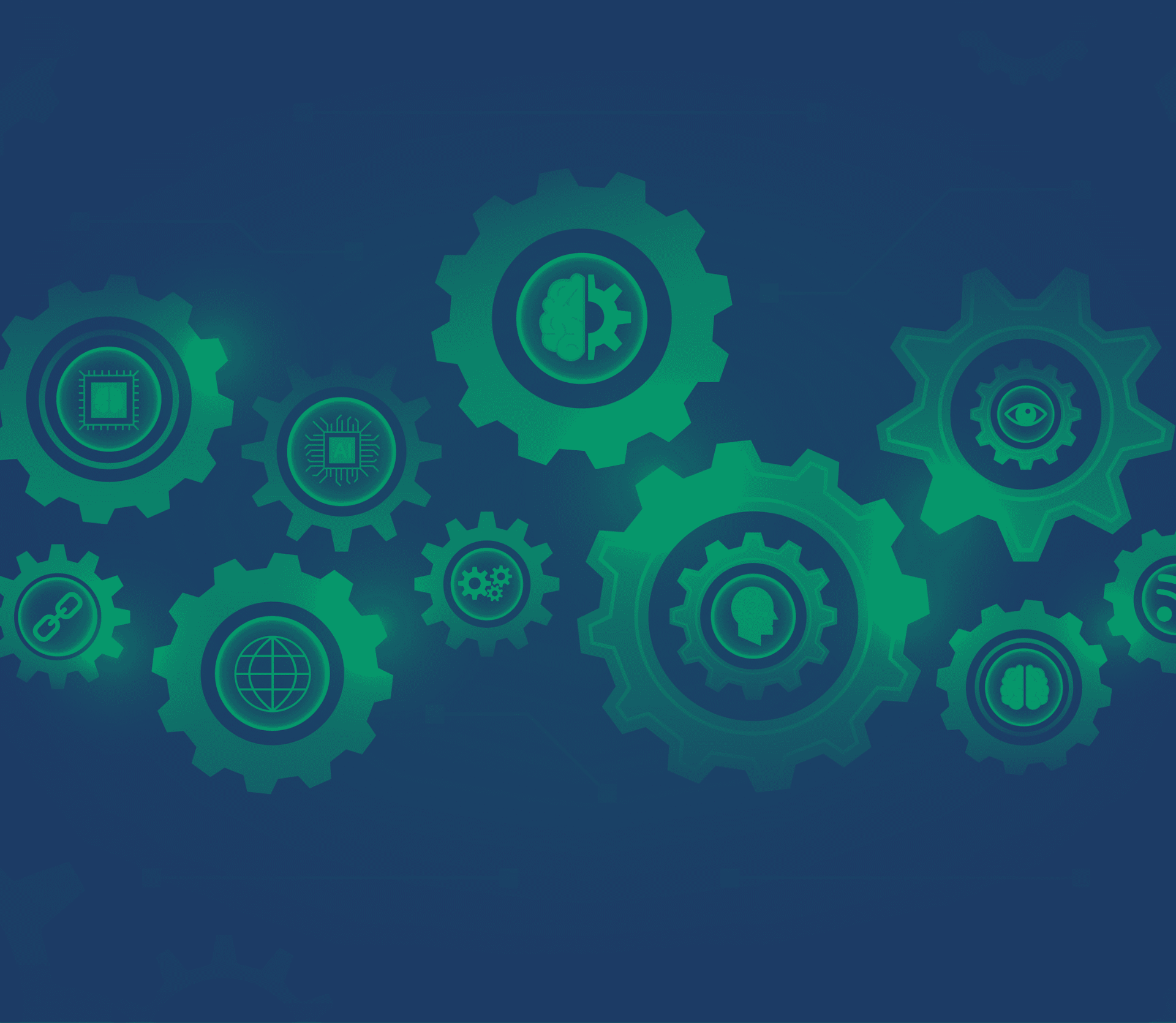 Green gears interlocking on blue background