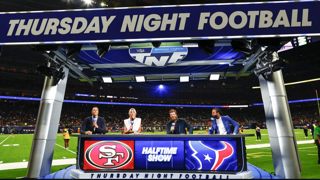 Prime Video Thursday Night Football commentators during the halftime show