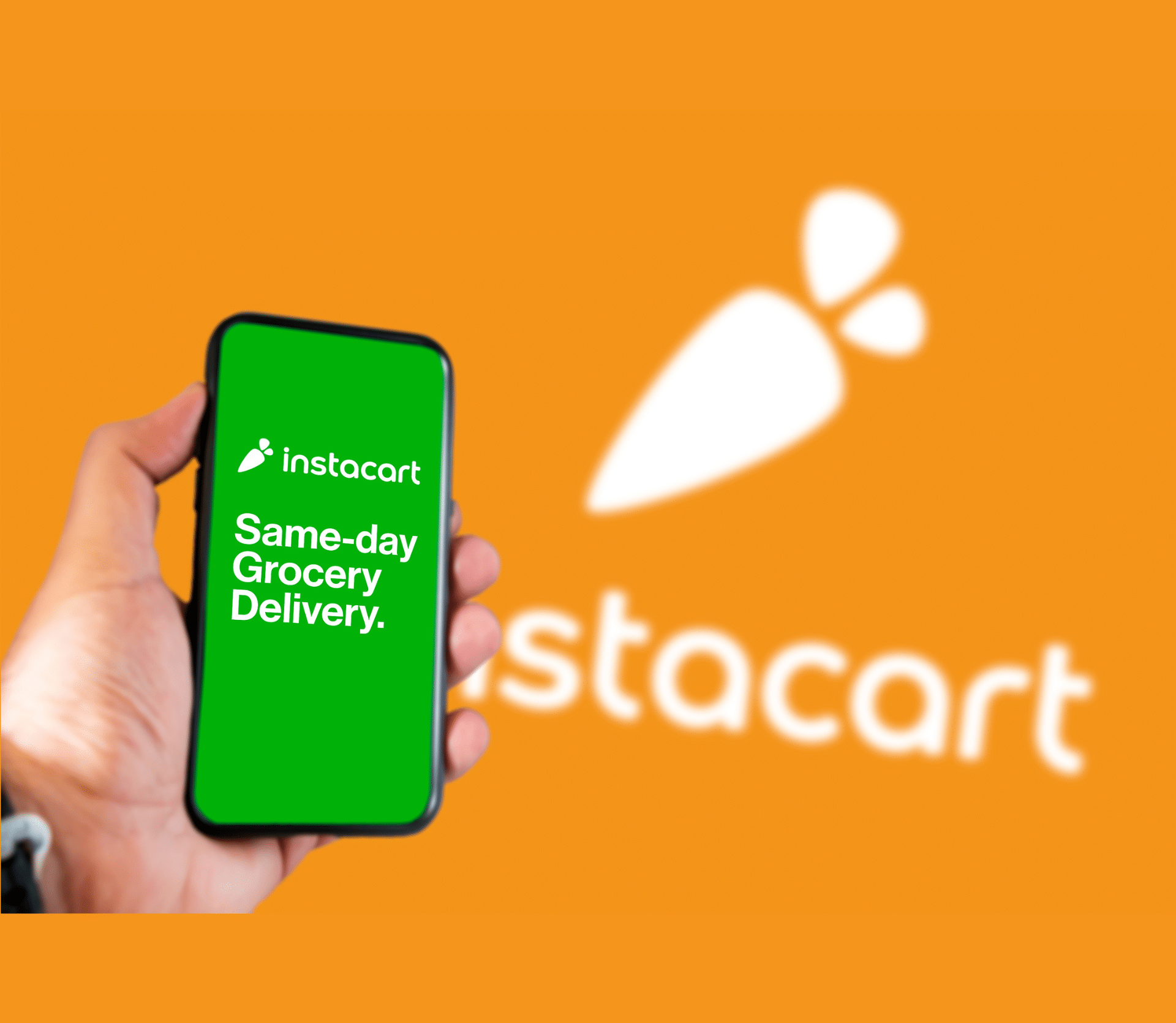 Person holding smartphone with Instacart app in front of orange background with the logo in white