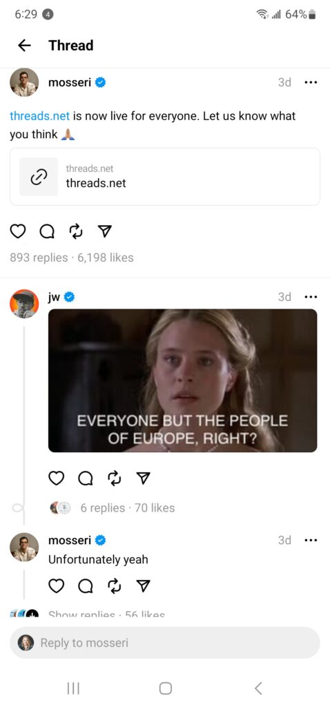 Thread post by Instagram Lead Adam Mosseri about the launch of Threads.net, the web app
