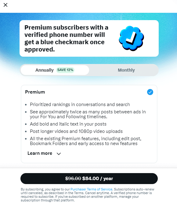 Pop-up box requiring TweetDeck users to subscribe to X Blue before being allowed to continue. Price $84 a year when paid annually, a $12/savings.