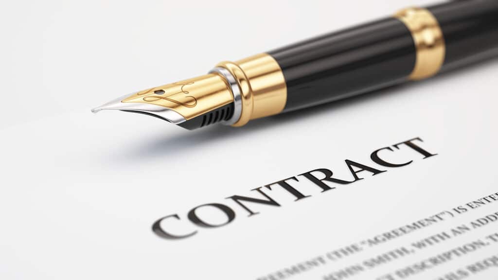 Contract signing concept. Fountain pen and contract - 3d rendering