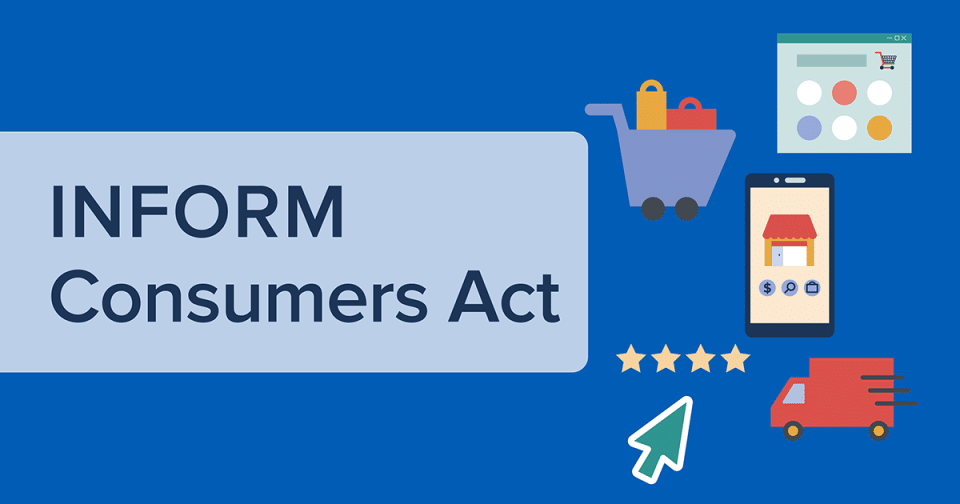 Social media graphic: INFORM Consumers Act in text on the left with a vector image of a shopping cart, online marketplace, smartphone, delivery truck and four-star rating on the right