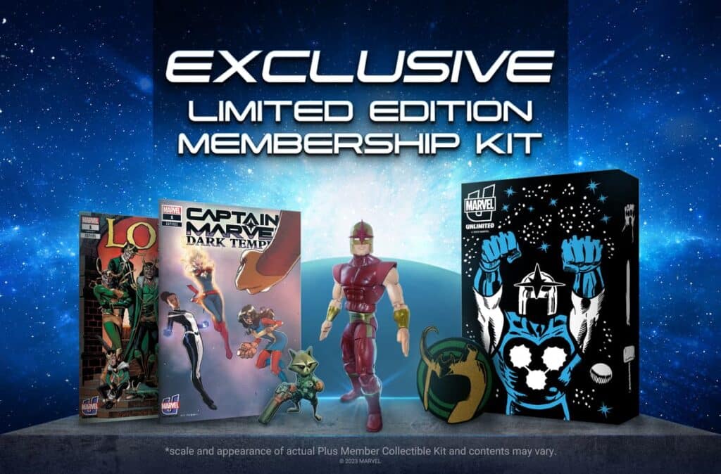 Photo of exclusive Marvel Unlimited Plus membership kit featuring special edition comics, swag and more.