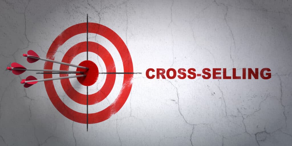 Red target with arrows hitting the bullseye, representing cross-selling opportunities