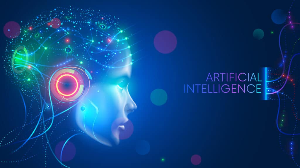 Artificial intelligence in humanoid head with neural network thinks. AI with Digital Brain is learning processing big data, analysis information. Face of cyber mind. Technology background concept.