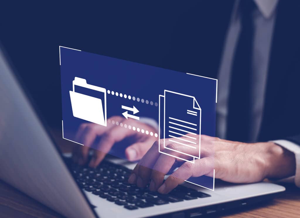 File Transfer Protocol files receiver and computer backup copy. File sharing isometric. Digital system for transferring documents and files online.Data Transfer concept.